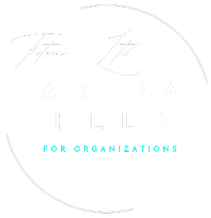 circle logo containing silver and aqua colored text